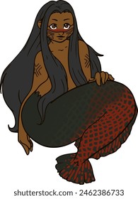 vector illustration of Iara, or Uiara, folklore creature of brazil, a brazilian mermaid, half pirarucu fish. 