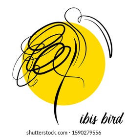 Vector illustration of ibis bird. One line continuous bird illustration. Vector isolated on white background. Linear drawing birds on a yellow circle. Ibis bird logo.