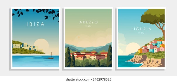 Vector illustration. Ibiza, Arezzo, Liguria. Collection of wall posters, banners, postcards, covers. Modern design, tourism.