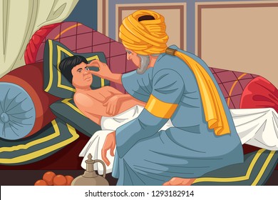 A vector illustration of Ibn al-Haitam Arabian Optician Checking on Patient