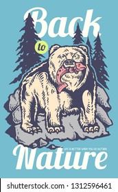 Vector illustration of an ice bear eating salmon on the icy rock and forest north pole background