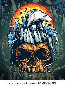 Vector illustration of ice bear on the iceberg with skull island