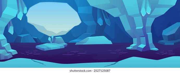 Ilustração vetorial de uma caverna de gelo com um lago, pedras, uma passagem redonda e cristais. Túnel subterrâneo misterioso é perfeito para uma interface de jogo. Estilo de desenho animado.