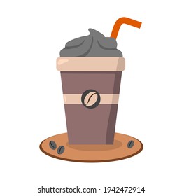 Vector illustration of ice coffee in plastic cup in black, logo and icon, perfect for advertising coffee products