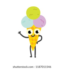 Vector illustration of ice cream balls in wafer cone cartoon character with smiling face in flat style - cute mascot of sweet cold dessert waving hand isolated on white background.