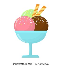 vector illustration of ice cream balls in a cream bowl with waffle tubes