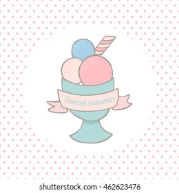 vector illustration of a ice cream balls in a bowl on dotted background