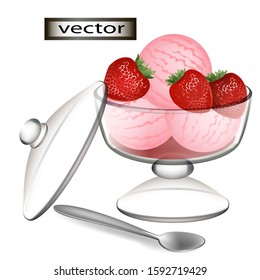 Vector illustration of ice cream berry dessert with strawberries, three juicy berries in transparent glass vase tasty treat 3D drawing