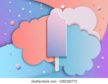 Vector Illustration Of Ice Cream With Bite Marks On A Colorful Background In The Style Of Cut Paper.