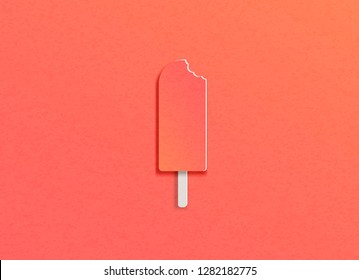 Vector illustration of ice cream with bite marks on the trendy background of the color of live coral in the style of cut paper.