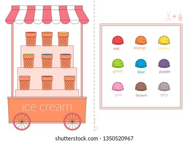 Vector illustration ice cream cart. Learning color/ educational card for kids/ children games/ cut and glue