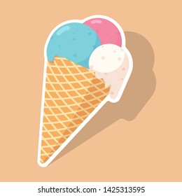 Vector illustration of ice cream in cartoon style with bright colors and shadows. Sticker, patch or pin in the form of ice cream. Ice cream label or logo. Vector graphics.