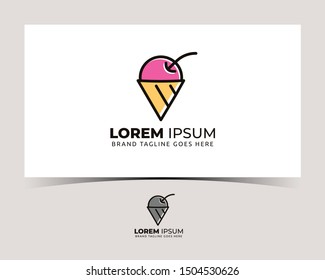 Vector illustration of ice cream in cartoon style. Ice cream cone with cherry on top. patch or pin in the form of ice cream. Ice cream logo.