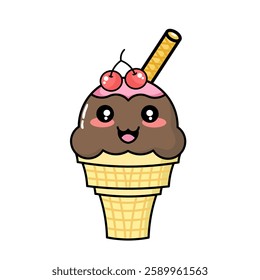 vector illustration of ice cream with cherry topping and cracker straws with chocolate flavor