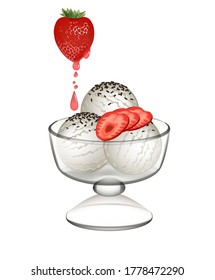 Vector illustration of ice cream with chocolate chips and strawberries