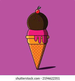 Vector illustration of ice cream with chocolate and strawberry flavors with lychee fruit above, suitable for illustration of ice cream products