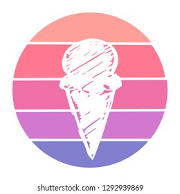 Vector Illustration of Ice Cream with Circle Sunset of Red, Pink, and Violet Color. Graphic Design for Background, T-shirt, Template, and More
