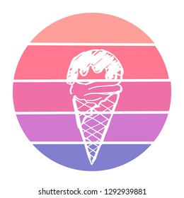 Vector Illustration of Ice Cream with Circle Sunset of Red, Pink, and Violet Color. Graphic Design for Background, T-shirt, Template, and More