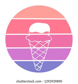 Vector Illustration of Ice Cream with Circle Sunset of Red, Pink, and Violet Color. Graphic Design for Background, T-shirt, Template, and More