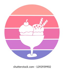 Vector Illustration of Ice Cream with Circle Sunset of Red, Pink, and Violet Color. Graphic Design for Background, T-shirt, Template, and More