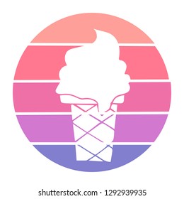 Vector Illustration of Ice Cream with Circle Sunset of Red, Pink, and Violet Color. Graphic Design for Background, T-shirt, Template, and More