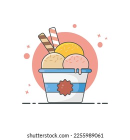 Vector illustration of ice cream combo designed in flat style. ice cream cup three variants of strawberry, chocolate and orange flavors with a sprinkling of misis. Printable for drink menu books 