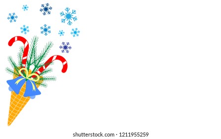Vector illustration with ice cream cone, candy canes, snowflakes, sprig of Christmas trees, bell. Design for party card, banner, poster or print.