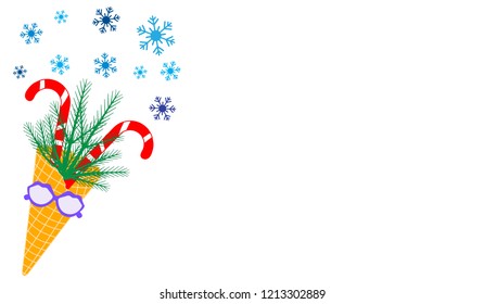 Vector illustration with ice cream cone, candy canes, snowflakes, sprig of Christmas trees, carnival glasses. Design for party card, banner, poster or print.