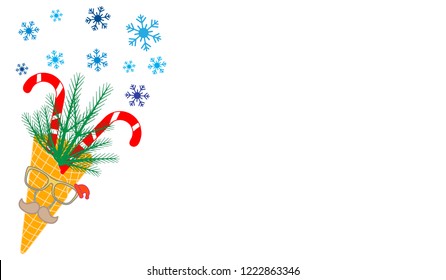 Vector illustration with ice cream cone, candy canes, snowflakes, sprig of Christmas trees, carnival glasses, moustache, Santa hat. Design for party card, banner, poster or print.