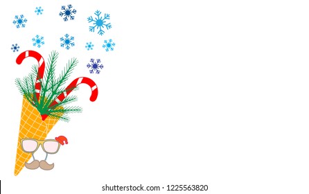 Vector illustration with ice cream cone, candy canes, snowflakes, sprig of Christmas trees, carnival glasses, moustache, Santa hat. Design for party card, banner, poster or print.