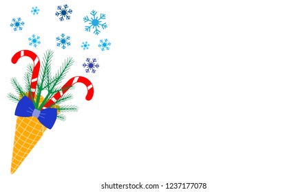 Vector illustration with ice cream cone, candy canes, snowflakes, sprig of Christmas trees, bow. Design for party card, banner, poster or print.