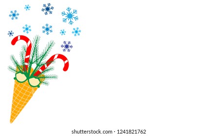 Vector illustration with ice cream cone, candy canes, snowflakes, sprig of Christmas trees, carnival glasses. Design for party card, banner, poster or print.