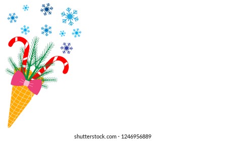 Vector illustration with ice cream cone, candy canes, snowflakes, sprig of Christmas trees, bow. Design for party card, banner, poster or print.