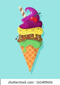 Vector illustration of ice cream in a cone with a cherry