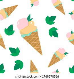 vector illustration ice cream cone bright summer seamless pattern with mint leaves. for tasty packaging and delicate design