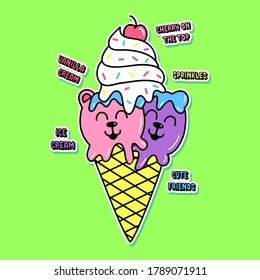 VECTOR ILLUSTRATION OF AN ICE CREAM CONE WITH A CHERRY ON TOP, ILLUSTRATION OF A BEARS LIKE AN ICE CREAM, SCOOP, SLOGAN PRINT