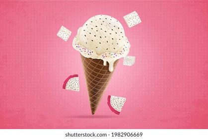 vector illustration of ice cream cone with dragon fruit flavour isolated on light red background