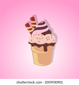 vector illustration of ice cream cone themed flat design on a pink background, with melted chocolate sauce
