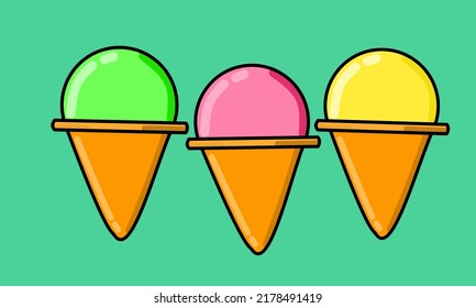 Vector illustration. ice cream cone with strawberry, avocado and lemon flavored ice cream on a bluish green background.