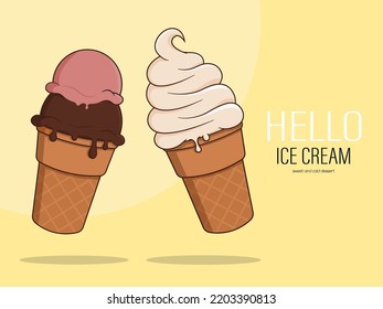 Vector illustration of ice cream cone, vanilla, strawberry and chocolate