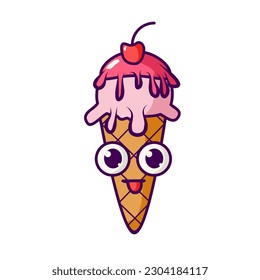 Vector illustration with Ice cream cone mascot on white background. Flat outline illustration