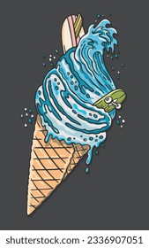 Vector illustration of ice cream cone with waves, skateboard and surfboard. Surreal art in a stripped-back style. Design for prints, decoration, stickers and etc...