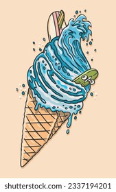 Vector illustration of ice cream cone with waves, skateboard and surfboard. Surreal art in a stripped-back style. Design for prints, decoration, stickers and etc...