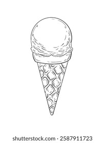 Vector illustration of ice cream in a cone. Hand drawn realistic illustration of cold sweetness, dessert ice cream scoop in a cone. Menu design and decoration, cafe. Vector graphics, doodle style.