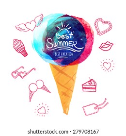 Vector illustration of ice cream in a cone. Best summer vacation poster. Pink doodling.