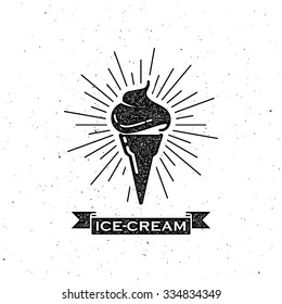 vector illustration with ice cream cone and vintage ribbon. letterpress label design