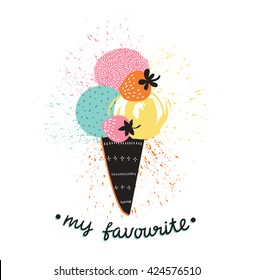 Vector illustration with ice cream cone and stylish lettering - 'My favourite'. Summer retro label design.