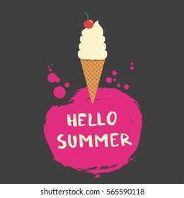 Vector illustration with an ice cream cone and a phrase "Hello summer".