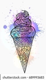 Vector illustration of ice cream cone with boho pattern and watercolor splashes. Doodle element for printing on T-shirts, postcards and your creativity