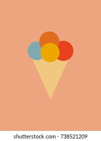 Vector illustration of an ice cream cone with four colorful scoops on pink background